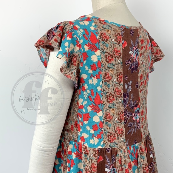 Blue B Patchwork Flutter Sleeve Floral Print Short Tiered Mini Swing Tunic Dress - Picture 8 of 15